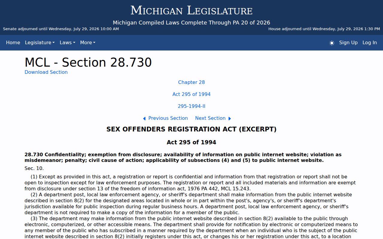 Michigan registry misuse law for Presque Isle County sex offender checks