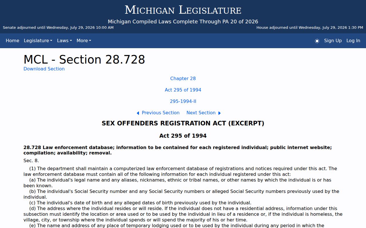 Michigan law governing public Presque Isle County sex offender registry information